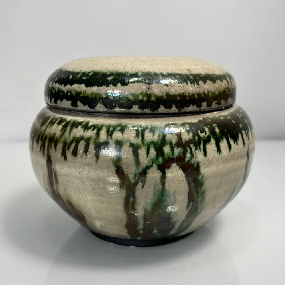 Art Studio Handmade Artist Signed Green Iridescent Glaze Pottery Lidded Urn Jar